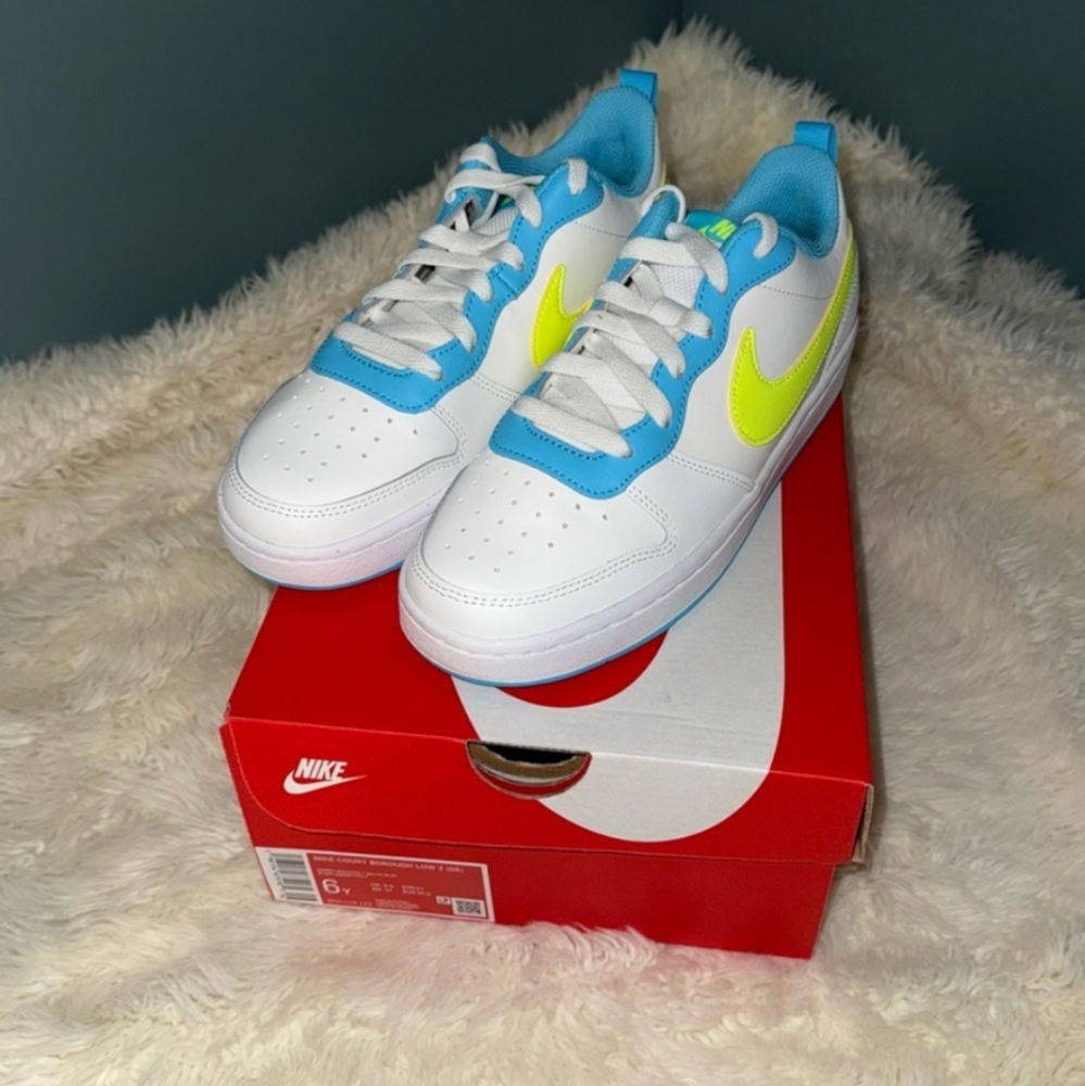 Nike Kids Sneakers in White, Blue, and Neon Yellow